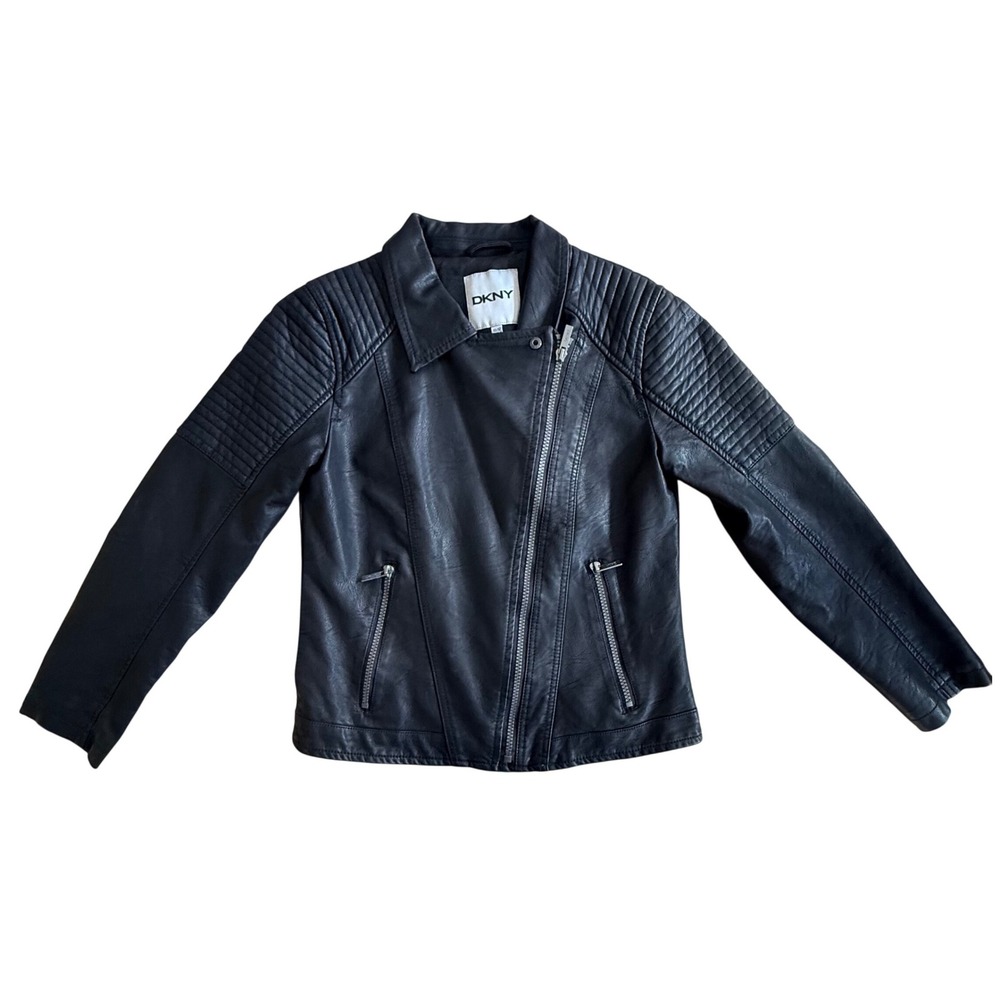 DKNY Retro Womens Black Faux Leather Moto Jacket Quilted Shoulder Size 10/12‎